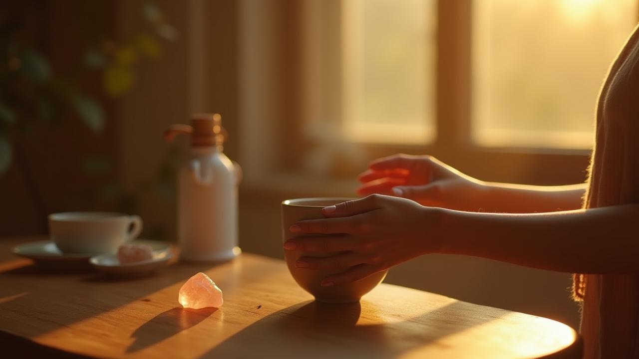 Woman enjoying a mindful morning routine with warm light and a cup of herbal tea near crystals on a wooden table.