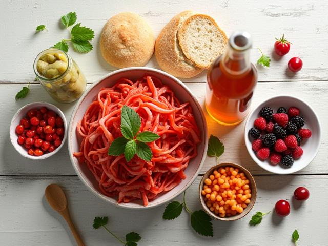 Composition of vibrant, fermented foods like kimchi, kombucha, and yogurt, showcasing a diverse diet for gut health.