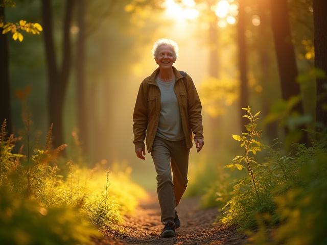 A vibrant, energetic older adult smiling and hiking through a sunny, lush forest path, representing active longevity.