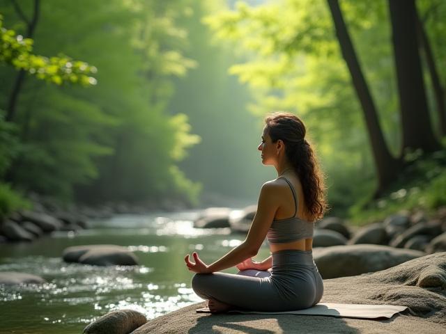 Adult meditating in a serene outdoor setting next to calm water.