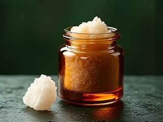 Mineral detox bath salts in a jar with an unpolished selenite wand.