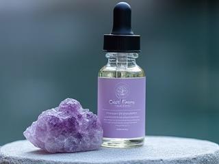Aromatic stress-relief essential oil blend with a small polished amethyst.